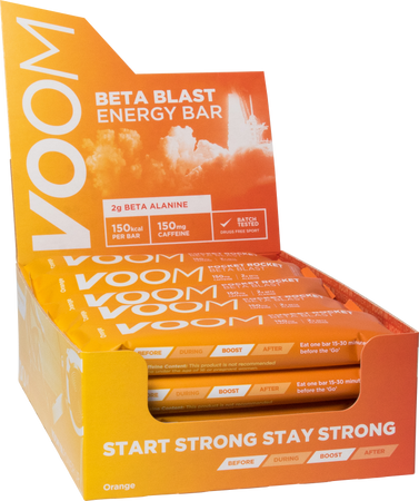 Display box of 20 VOOM Pocket Rocket Beta Blast energy bars in orange flavour.