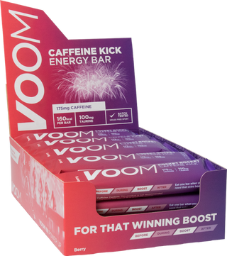 Purple red display box of 20 VOOM Pocket Rocket Caffeine Kick energy bars in berry flavour