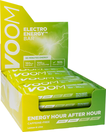 Lime green coloured display box of 20 VOOM Pocket Rocket Electro Energy bars in lemon and lime flavour