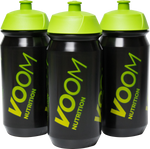 Group of three black sports bottles with green VOOM logo