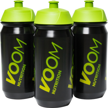 Group of three black sports bottles with green VOOM logo