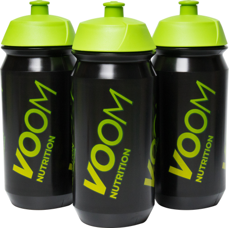 Group of three black sports bottles with green VOOM logo