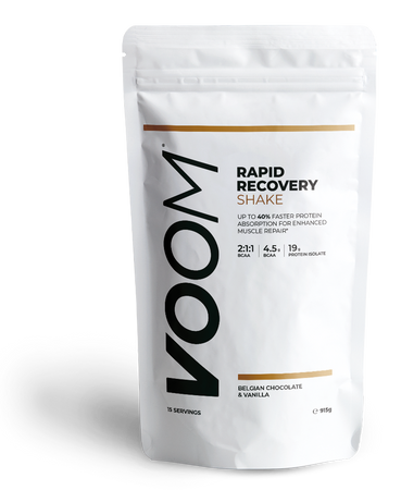 White pouch of VOOM Rapid Recovery with black text and golden brown detailing